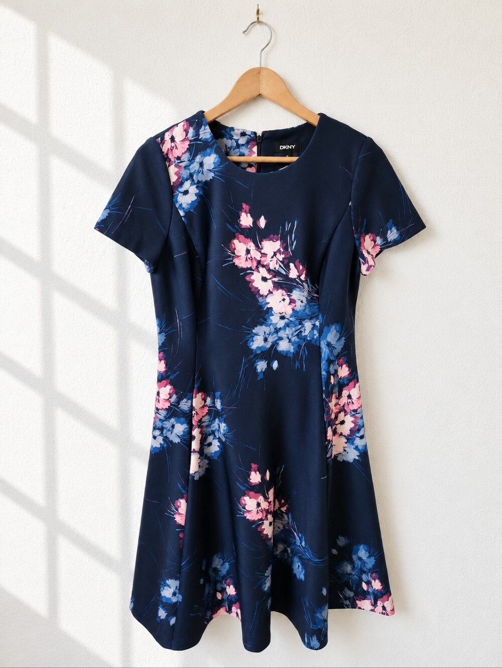 DKNY Romantic Floral Fit & Flare Midi Dress Navy Pink Blue Size 8